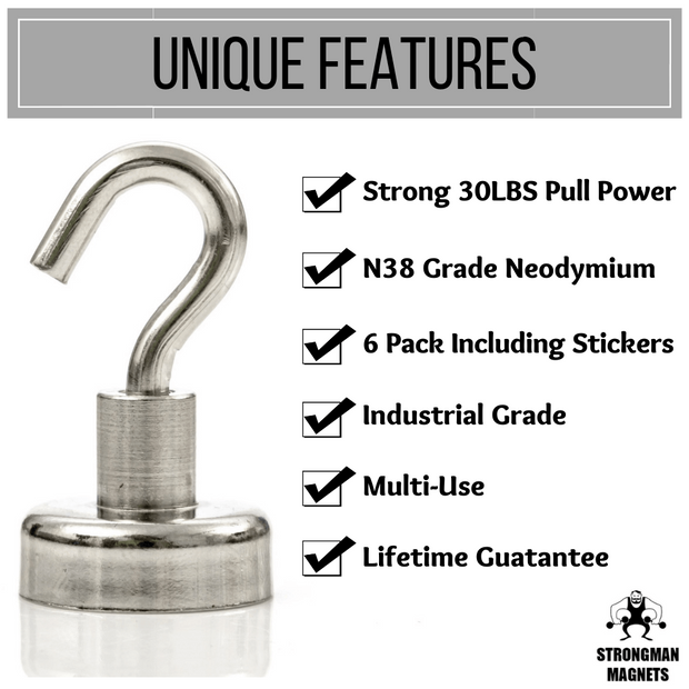 6 Pack 30lbs Super Strong Magnetic Hooks: (N38) Magnets