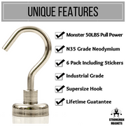 6 Pack 50lb Heavy Duty Magnetic Hooks: (N35) Neodymium